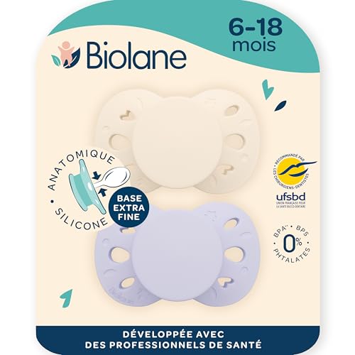 BIOLANE - Tétines anatomiques - Sucettes extra-fines - 6 à 18 mois - Lilas et beige - Téterelle plate et réversible- Confort optimal- Respect du...