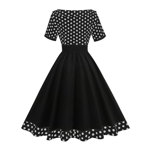 Image of Women's Boat Neck Polka Dot Cocktail Midi Dress Vintage Retro 1950s Style Swing Tea Length Wedding Guest Party Dresses