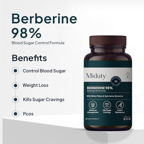 Image of Miduty High Strength Berberine HCL 98% For Metabolism & Blood Sugar Control- Diabetic and Pre-Diabetic Care - Stop Sugar Cravings | 30 Veg Capsule