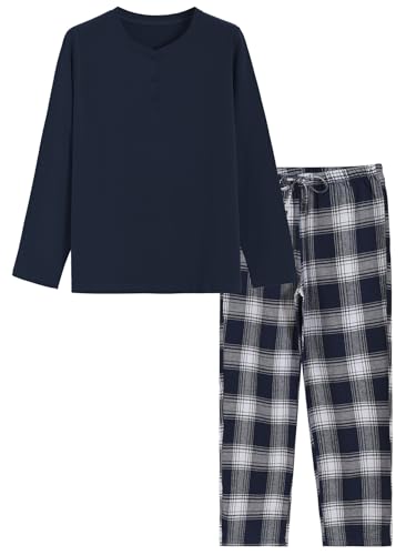 Latuza Women's Petite Pajama Set Petite Length Henley Shirt Flannel Pants
