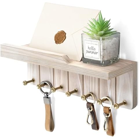 Rebee Vision Key Holder Wall Mount for Farmhouse Decor - Key and Mail Holder for Wall with 7 Sturdy Key Hooks and Floating Shelf - Ideal for Apartment Essentials (Natural Wood) Cover