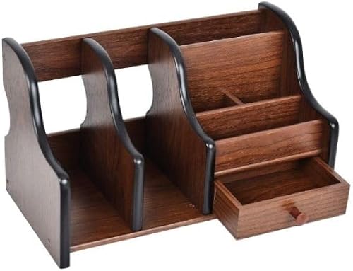 Cherry Brown Wooden Desktop Organiser, Multi-Compartment Storage with Drawer, for Home or Office