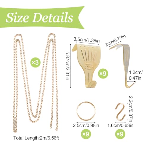 Image of Picture Hanging Kit, 9Pcs Brass Plated Hooks & 3Pcs 2M Iron Chains Picture Display System Accessories for Wall Pictures, Exhibition(Gold)