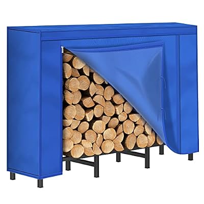 YBING 4ft Outdoor Firewood Rack with Cover, Waterproof, Heavy Duty, Large Capacity, Adjustable Metal Material, Blue