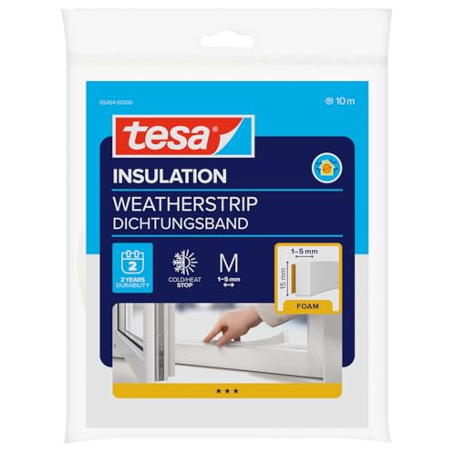 Tesa Moll Standard I-Profil - Guarnizione Adesiva in Schiuma per L'Isolamento Termico di Finestre e Porte - Bianco, 10 m x 15 mm x 4 mm