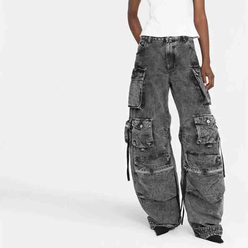 Hip hop Washed Multi Pocket Workwear Jeans, Street Fashion Wide Leg Pants Cargo Jeans for Women3