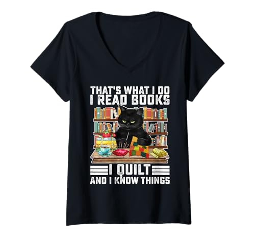 Mujer Eso es lo que hago, leo libros, colcho, divertido, gato, tejiendo. Camiseta Cuello V