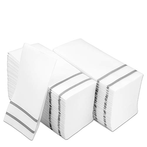 Disposable Hand Towels for Bathroom, Silver Design 200 Disposable Linen-Feel Guest Towels – Formal Dinner, Anniversary, and Wedding Napkins for Tables, Guestrooms, Restrooms - 8.5x 4-Inches Folded,