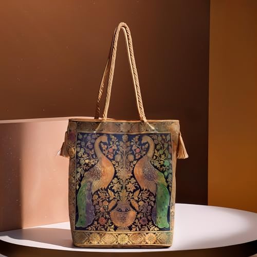 Image of Rhaa Double Peacock Banarasi Design Tote Bag, Indian Stylish, Medium Size for Women