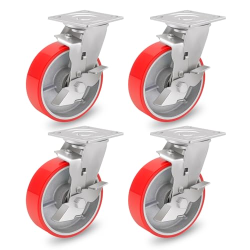 Nefish 6 Inch Industrial Casters Set of 4 Heavy Duty No Noise Polyurethane Wheel on Steel Hub, Workbench Casters with Brakes 4800 Lbs, Plate Swivel Casters for Toolbox Workbench (4 Swivel & Brakes)