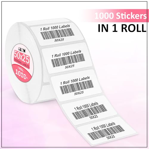 Image of GLUN 1 Roll Direct Thermal, 50x25mm 1000 Sticker, White & Smooth Surface Self-Adhesive Thermal Labels for Price Tag, Barcode, Printing & Mini Thermal Printers