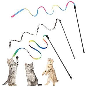 Cat Wand Toy Set, Interactive Cat Wand Toy with Rainbow Ribbon String, Rainbow Cloth String, Leopard Print Cloth String for Small Cats Kittens Indoor Training Catcher (3 Packs)