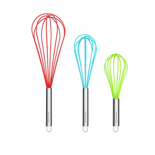 Silicone Whisk Set of 3 – Silicone Whisks for Cooking Non-Scratch – Silicone Whisk Set – Hand Whisk – Wisk – Metal Whisk – Small Whisk – Mini Whisk – Stainless Steel Whisk