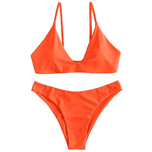 ZAFUL Women's Tie Back Padded High Cut Bralette Bikini Set Two Piece Swimsuit