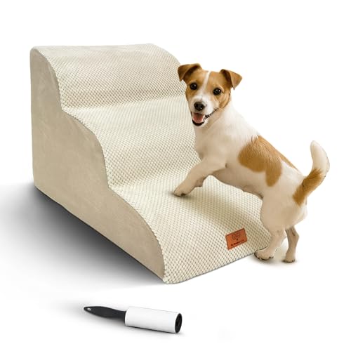 Small Dog Steps Pet Buddies & Co. Dog Steps for Bed, Non-Slip Pet Stairs for Small Dogs & Cats, Dog Ramp for Sofa with High Density Foam, Removable Cover & Lint Roller (Beige, 3-Step, 60(L) x 40(W) x 40(H) cm)