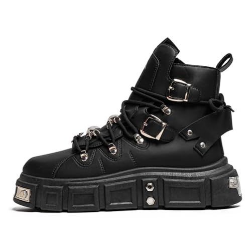 Men's Gothic Leather Motorcycle Chunky Platform Boots Lace Up Round Toe High Top Metal Buckle Non-Slip Lightweight Punk Fashion Sneakers for Streetwear Night Out Party Riding Daily Comfort (Black,11)