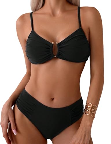 Tainehs Two Piece Swimsuits for Women Spaghetti Strap Bikini Sets Ruched V Neck Mid Rise Back Hook Bathing Suit Black