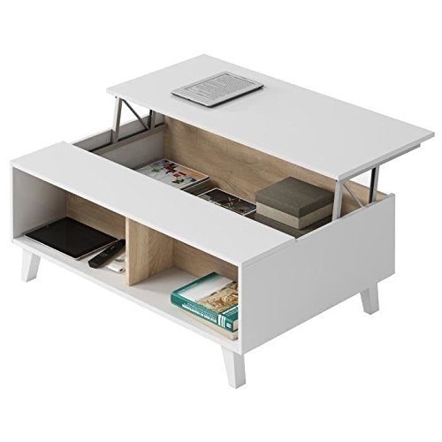 HABITMOBEL Mesa Centro elevable Blanco y Roble 100x38/50x68 cm