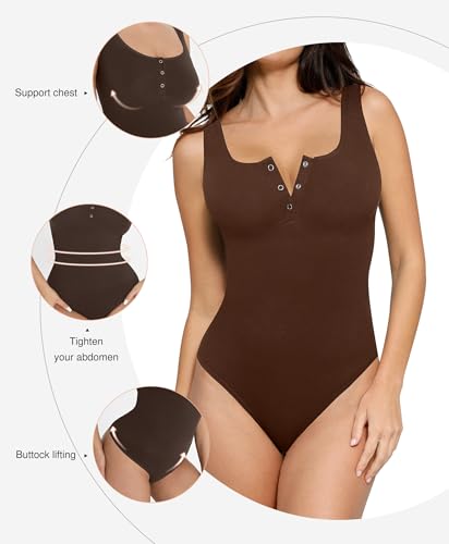 Image of Popilush Bodysuits for Women Tummy Control Body Suits Thong Summer Outfits | Summer Outfit Thong Body Suits for Womens Shapewear Tummy Control Henley Tank Top Bodysuit for Going Out Date Night