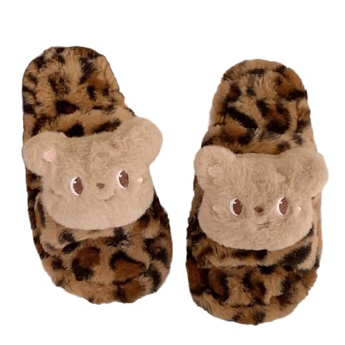 Women's Winter Slippers with Cute Plush Bear Leopard Print, Fuzzy Warm House Shoes Gifts for Her