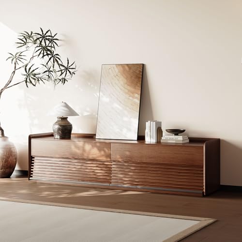 Image of POVISON Fully-Assembled Mid Century TV Stand with Adjustable LED Lights, Wood Media Console with 4 Drawers, Modern Entertainment Center with Storage