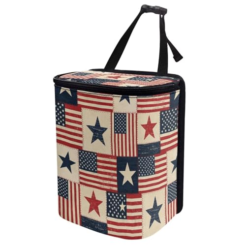Image of Talayituse American Flag Star Print Car Trash Can Portable Auto Garbage Bin Multifunctional Vehicle Interior Accessories with Adjustable Straps 4th of July Decor Universal Fit Truck SUV Sedan