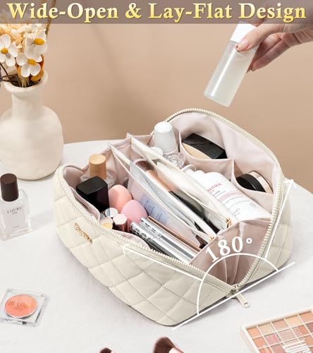 Image of Travel Makeup Bag, Large Capacity Puffy Toiletry & Cosmetic Bag for Women | 3 PCS Open Flat Quilted Makeup Cosmetic Organizer, Waterproof w /Clear Divider Portable Pouch for Skincare Travel Essentials