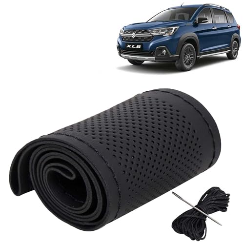 Image of KINGSWAY PU Leatherite Car Steering Cover Sewable Compatible with Maruti Suzuki XL6 (Year 2022 Onwards), Black Color with Black Thread, Pack of 1 with Sewing Needle and Thread