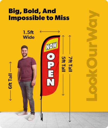 Image of LookOurWay Feather Flag Pole Kit - 7 Feet Tall Advertising Banner with Fiberglass Pole Set and Ground Spike for Business Promotion - Open Flags - Now Open Red & Yellow