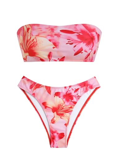 Image of ZAFUL Womens 3pcs Bikini Swimsuits Bandeau 3 Piece Swimwear High Cut Bikini Sets with Long Sheer Coverup Dress