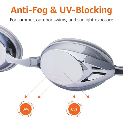 Image of Amazon Basics Unisex Swim Goggles for Adults, Anti-Fog, Unisex, Wide View, 4 Interchangeable Nosepieces