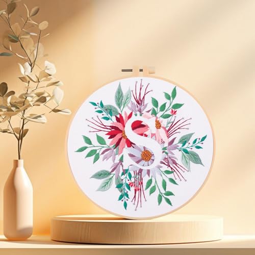 Image of IUHUI Embroidery Kit for Beginners Adults - 26 Floral Letters Easy Patterns, DIY Hand Stitching Embroidery Set with Hoop (Flower and Grass Letter S)