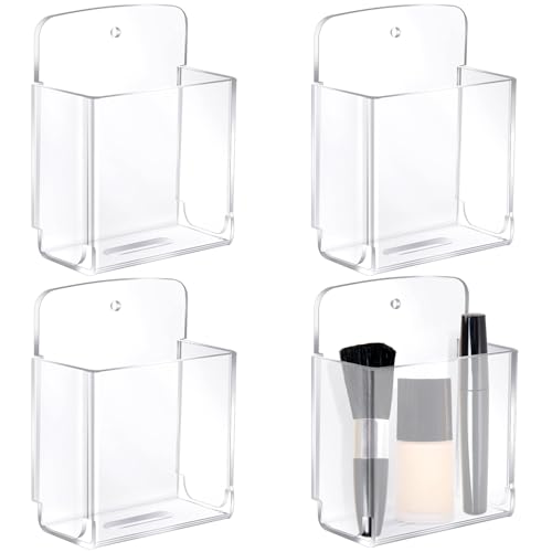 Gandeer 4 Pcs Acrylic Remote Control Holder Adhesive Wall Mount Phone Holder Clear Wall Mount Organizer Media Pen Storage Pen Phone Charging Storage Box for Home Office Living Room Bedroom