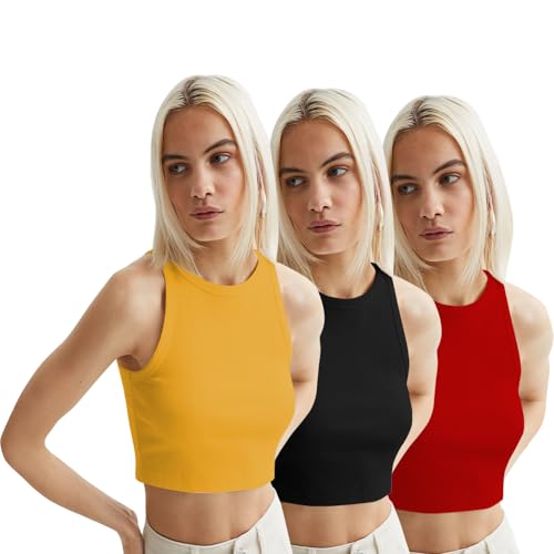 Image of KERI PERRY Tops for Women Crop Top for Women's Tank Activewear Tee Sports Western Casual Cotton Camisole Pack of 3 Combo