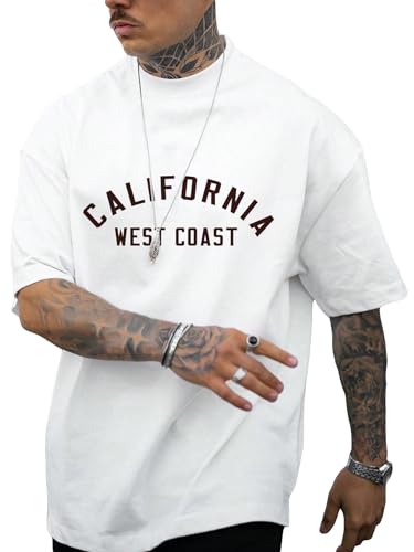 GORGLITTER Men's Letter Graphic Drop Shoulder T-Shirt Short Sleeve Mock Neck Tees