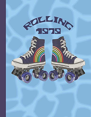Rolling 1979: A large notebook for note taking, journaling and making plans. | Retro Roller Skates on Blue Giraffe Spots Design image 3