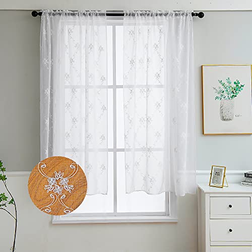 LIVETTY Sheer Voile Vorhänge 3D bestickte Fenster Voile Vorhänge Dekorative Vorhänge für Küche Schlafzimmer Cafe Kinder Wohnzimmer (Weiß-A, 132 X 160CM)