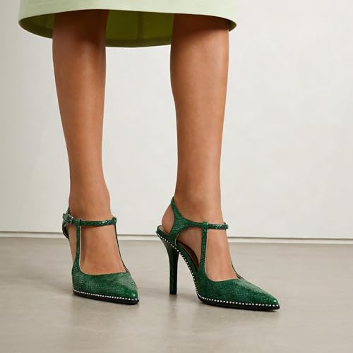 Image of SAMMITOP Womens High Heels Ankle Strap Pointed Toe Stilettos Patent Leather Beaded Pumps Dress Shoes 3.5 Inch