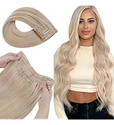 LaaVoo Echthaar Extensions Tressen mit Draht 40 cm Hellblond Ein Stuck Extensions Echthaar mit Dr...