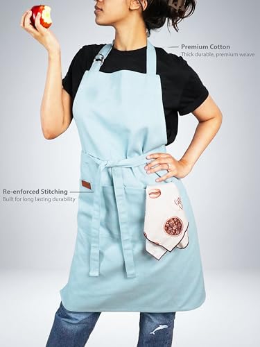 Image of Kitchen Apron - 100% Cotton, Adjustable Neck strap, Large Pocket - Unisex Apron for Men & Women - Cooking, Baking, BBQ, Gardening - Solid Colours, Striped and Checkered Patterns