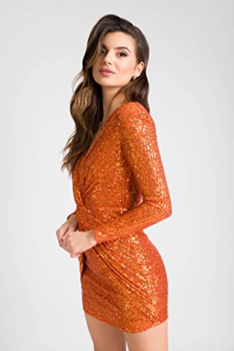 Terza immagine Swing Fashion Dolores | Orange Mini Donna Elegante Festivo Festa Sera | Abiti da Sposa | Abito Corto | Vestito con Paillettes | Scollo a V | Manica Lunga | Arancione | 36 (S), S