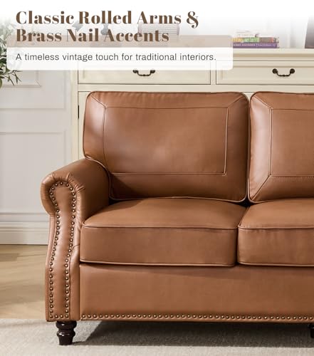 Image of Kingfun 3 Seater Sofa, Mid-Century Modern Faux Leather Couch Set for Living Room, Brown with Rolled Arms & Nailhead Trim, Easy Assembly