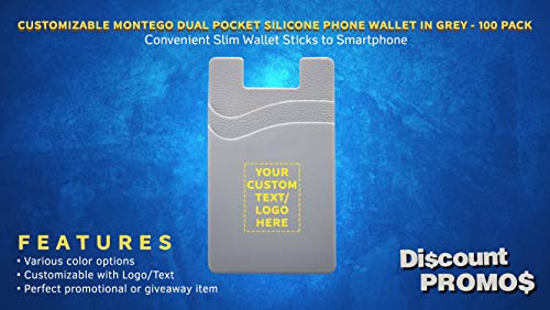 DISCOUNT PROMOS 100 Montego Silicone Phone Wallets Pack - Customizable Text, Logo - Strong Adhesive, Dual Pocket - Grey2