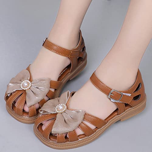 Children Shoes Summer Flat Sandals Hollow Beach Shoes Fashion Soft Sole Girls Casual Open Toe Dress Flat Shoes (Brown, 11 Little Child)2