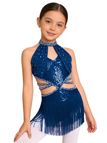Robe de danse latine pour filles à franges pailletées et strass brillants