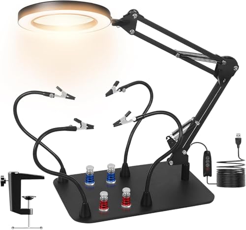 Troisième main - Aide à souder magnétique - Avec loupe 10 x - Station de soudage avec 4 colonnes PCB et 4 bras flexibles - Aide à la soudure pour soudeurs,...