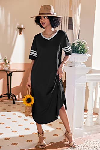 Ekouaer Sleepwear Womens Loungewear Soft Long Nightgown Short Sleeve Pajama House Dress V Neck Sleep Shirts Nightshirt Black #TOP1