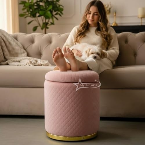 Image of Premium Round Storage Ottoman Stool 16 X 16X 19 inch, with Gold Metal Base | Luxury Pouffe with Hidden Storage | Cushioned Footrest for Living Room, Bedroom & Lounge Pink