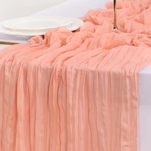 Image of Socomi 3pcs Coral Peach Easter Spring Cheesecloth Table Runner Boho Rustic Gauze 120 inch 10FT Cheese Cloth Runner for Wedding Party Baby Shower Birthday Home Decor Holiday Decorations