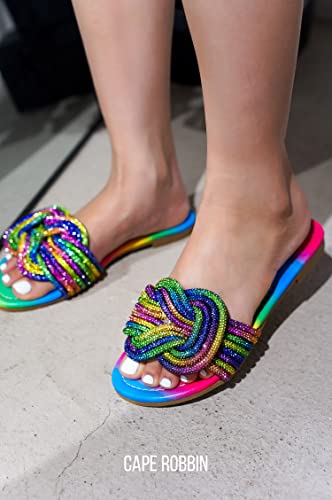 Cape Robbin Jeffer Slide Sandals For Women, Women's Flat Sandals With Rhinestone-Emblished Knot - Rainbow Size 7.5 #TOP1